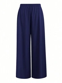 Calvaya Pantalones De Pierna Recta Casuales De Cintura Elástica Y Talla Grande En Color Sólido - Azul Marino - Ver 2