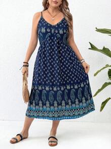 SHEIN LUNE Váy có dây đeo Spaghetti in họa tiết Paisley cỡ lớn - Màu xanh hải quân - Xem 1