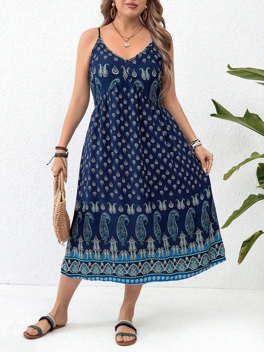 SHEIN LUNE Váy có dây đeo Spaghetti in họa tiết Paisley cỡ lớn - Màu xanh hải quân - Xem 1