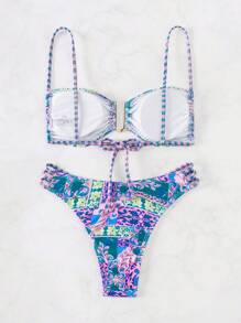 SHEIN Swim Summer Beach Patchwork Flower Printed Two-Piece Bikini Set - Multicolor - View 2