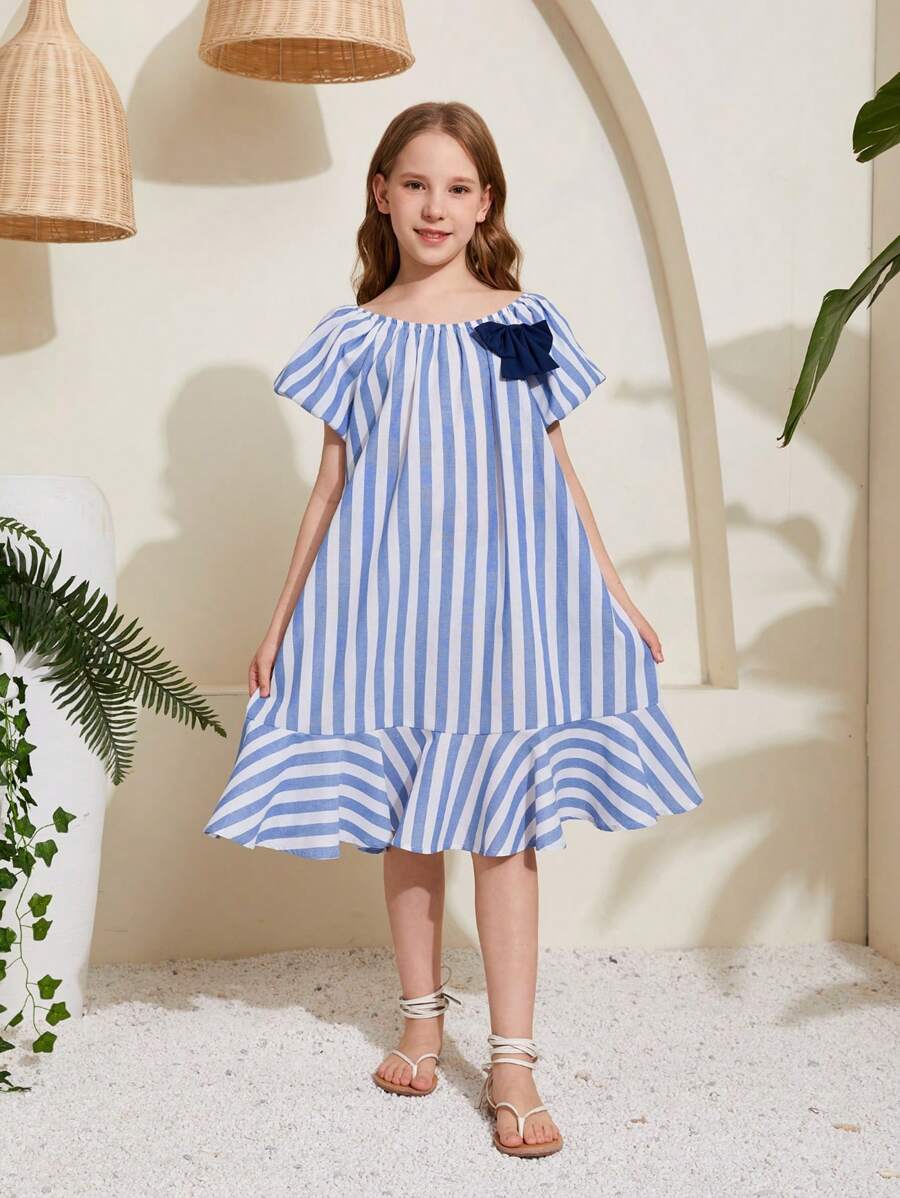 SHEIN Tween Girls' Loose Fit Casual Striped Knit Dress With Bubble Sleeves - Blue - View 1