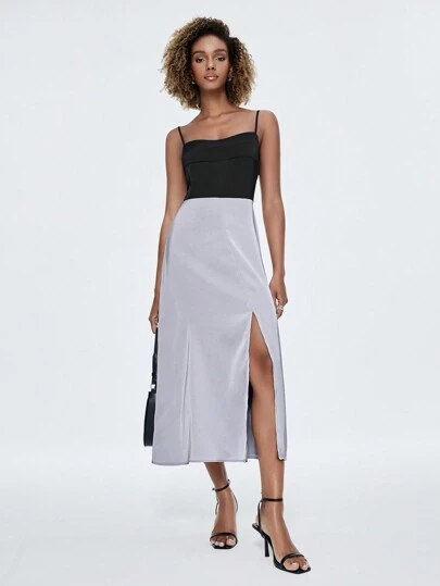 Maija Women's Color Block Black & Silver Side Slit Elegant Slip Dress With Spaghetti Straps