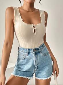 SHEIN Essnce Áo ba lỗ không tay dành cho người đi làm giải trí Nút phía trước xếp nếp cổ vuông - Màu be - Xem 6