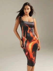 Zolique Black Digital Print Knit Spaghetti Strap Dress - Black - View 1