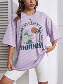 SHEIN EZwear Lá thư Và Sóng In Thả vai Ngắn tay Áo thun - Màu tím - Xem 4