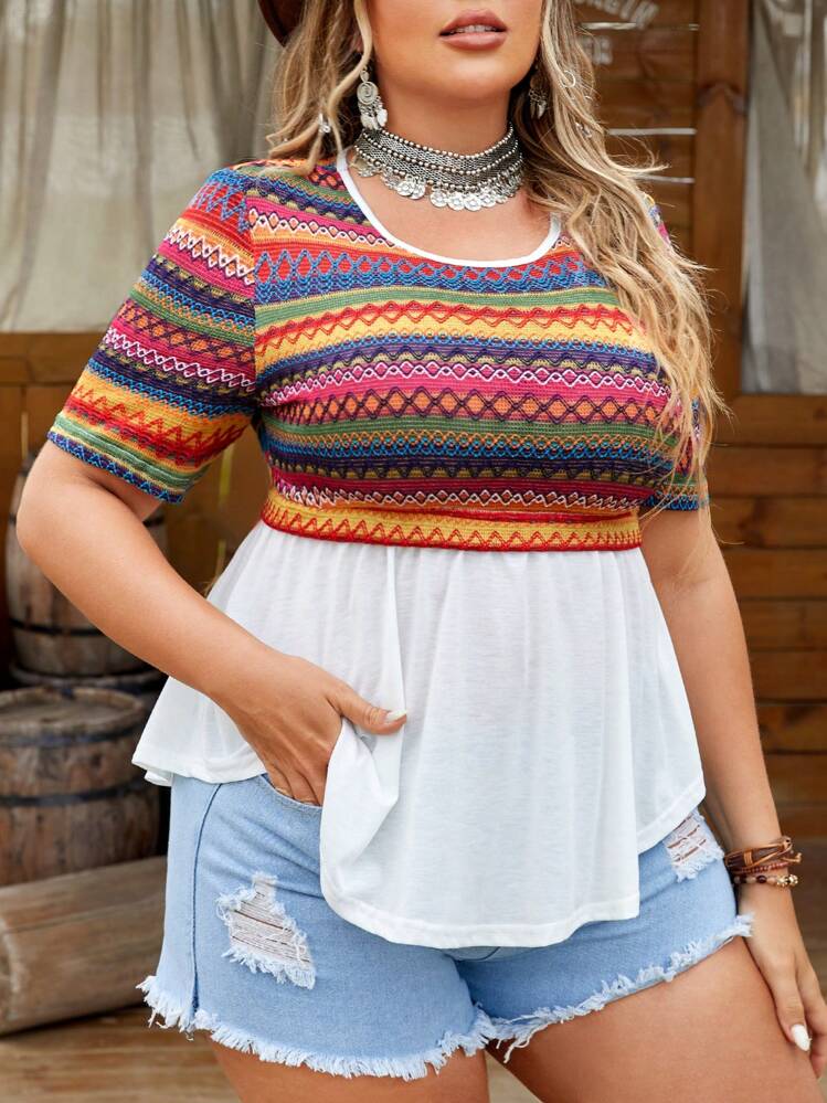 SHEIN LUNE Camiseta De Manga Corta 2 En 1 Con Bloques De Color Y Estampado Geométrico De Talla Grande - Azul - Añade 4