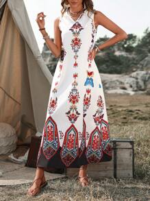 Breezaya 女士花卉印花缺口 V 领无袖连衣裙超长度假海滩装 - 白色 - 查看 5