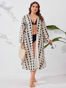 SHEIN VCAY 大尺碼海灘優雅幾何印花和服外套裙 - 彩色 - 查看 4