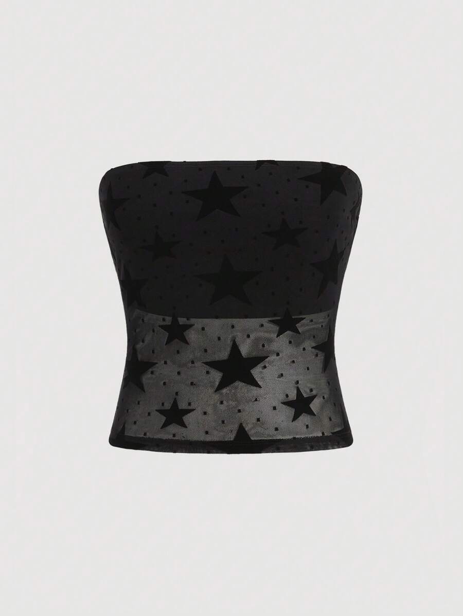 SHEIN MOD 大码女式天鹅绒五角星图案绷带网眼露肩上衣，略带透明音乐节 - 黑色 - 查看 1