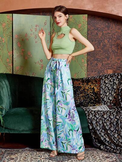 2pcs/Set Women Green Sleeveless Hollow Top & Wide Leg Floral Printed Pants