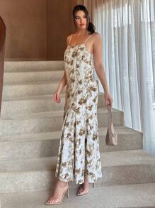 SHEIN Essnce Women's Vintage Floral Printed Spaghetti Strap Dress - Brown - View 3