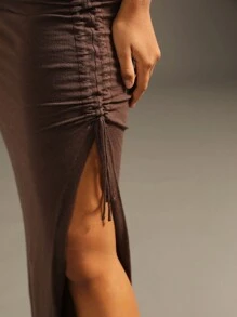 Zolique Saia de suéter sexy plissada lateral - Café - Visão 3