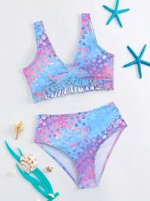 花邊樣式全印花少女比基尼套裝 - 彩色 - 查看 1