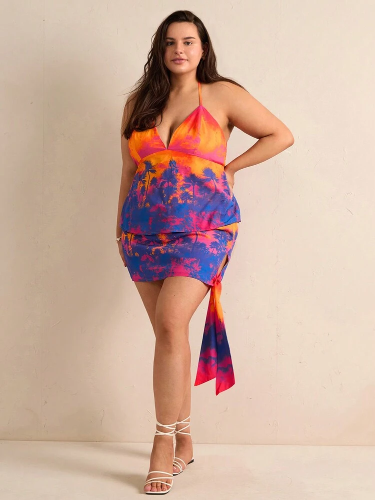 Plus Size Women's Palm Tree Printed High-Low Hem Tie-Front Skirt