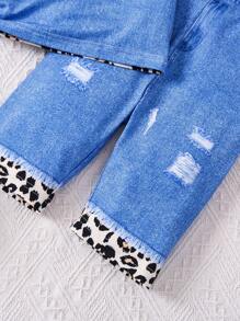 SHEIN Conjunto de camiseta de manga corta con estampado de leopardo y leggings efecto denim para niñas jóvenes para conciertos
