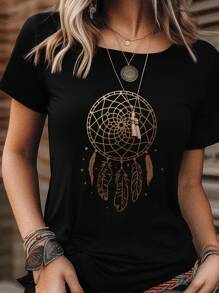 INAWLY Casual Feather & Dreamcatcher Pattern Printed Round Neck Short Sleeve T-Shirt Graphic Tees Women Tops - Black - View 1