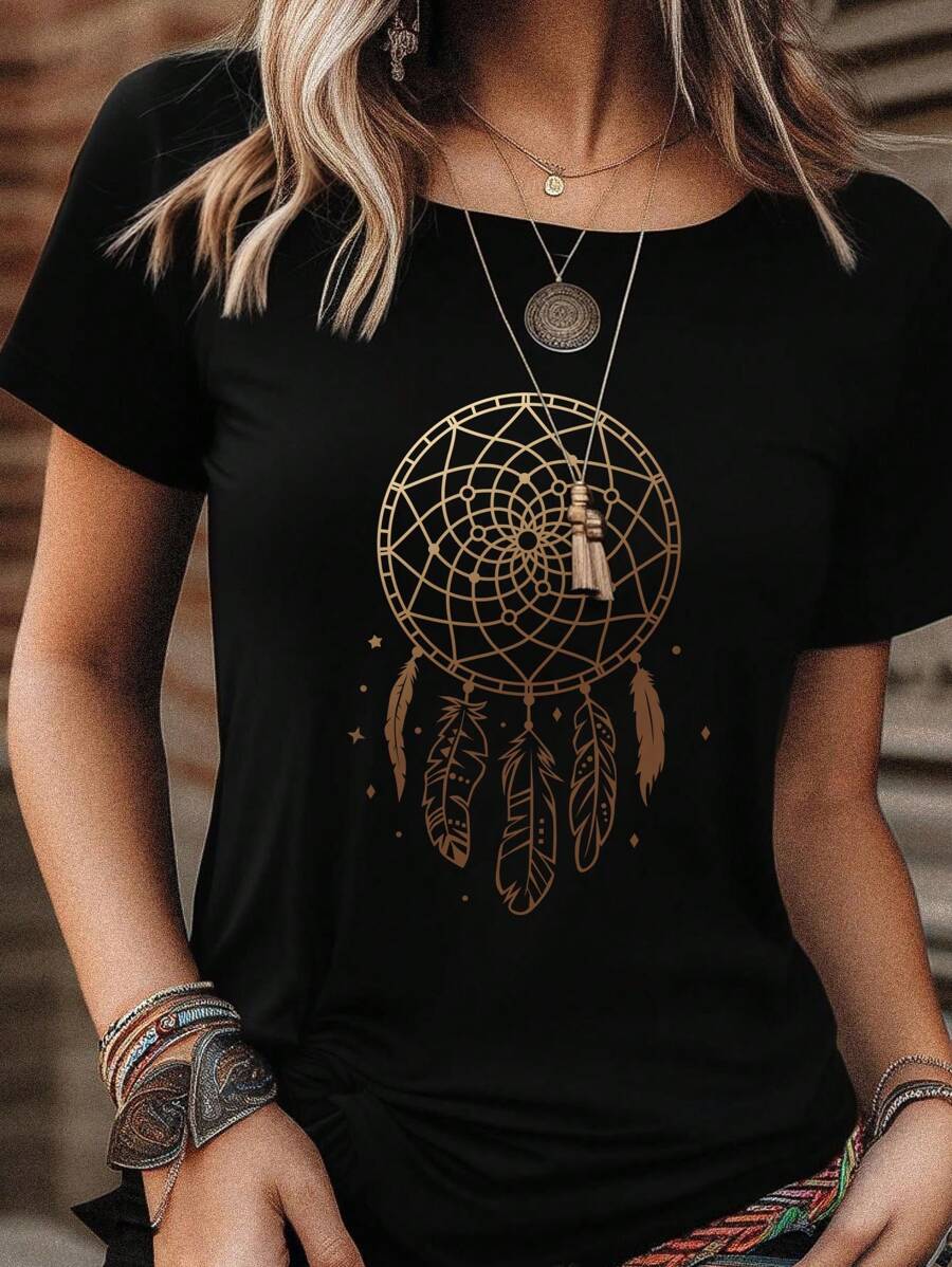 INAWLY Casual Feather & Dreamcatcher Pattern Printed Round Neck Short Sleeve T-Shirt Graphic Tees Women Tops - Black - View 1