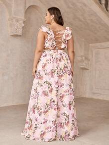 SHEIN Belle Plus Size Women's Thistle Romantic Ruffle & Floral Print Embellished Rope Romantic Sweet Bridesmaid Dress Wedding Formal Dress - Multicolor - View 1