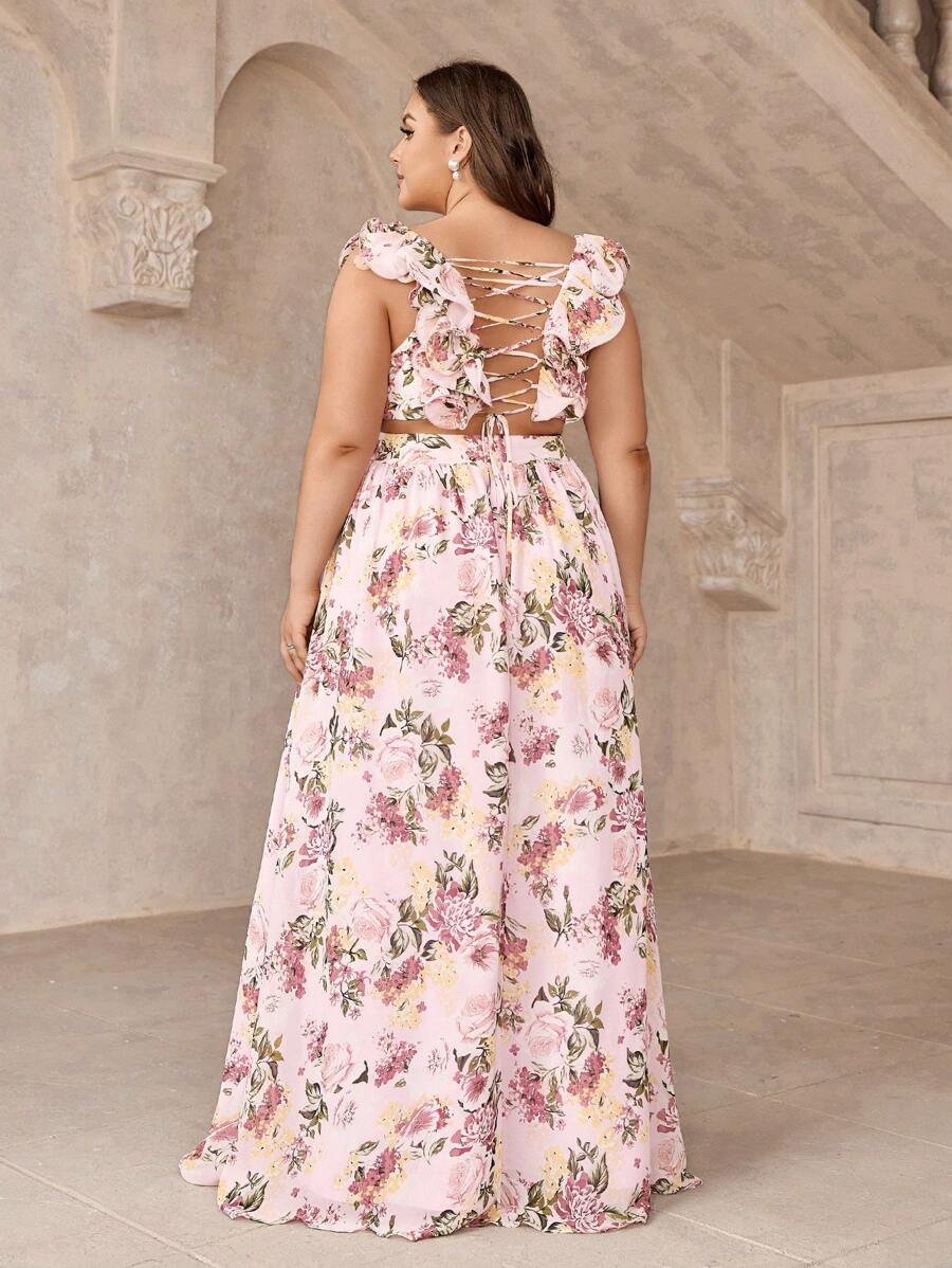 SHEIN Belle Plus Size Women's Thistle Romantic Ruffle & Floral Print Embellished Rope Romantic Sweet Bridesmaid Dress Wedding Formal Dress - Multicolor - View 1