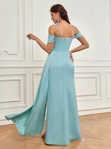 SHEIN Belle Vestido de noche elegante para mujer de satén brillante con lentejuelas, escote de un hombro, mangas finas, cintura ceñida, espalda drapeada con pliegues, abertura lateral alta y falda de sirena para temporada de graduación y bodas - verde menta - Ver 2