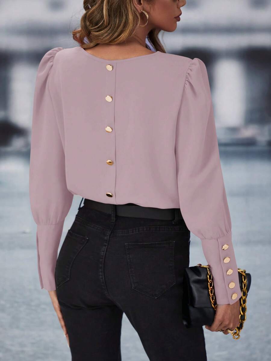 SHEIN Clasi Camisa Casual De Cuello Redondo Con Manga Larga Y Detalle De Botones En La Espalda - Púrpura malva - Ver 1