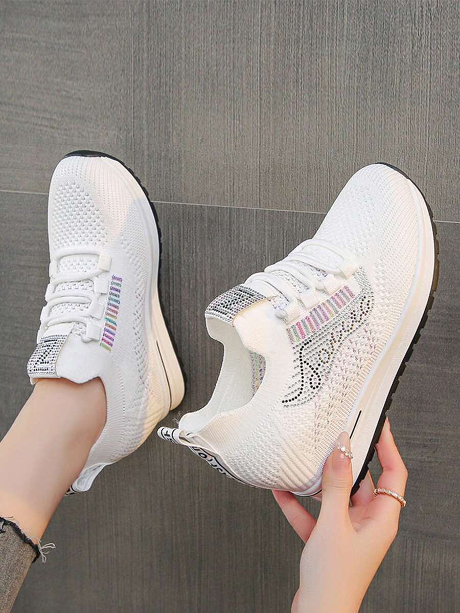 Women's Platform Wedge Sneakers With Mesh Upper, Breathable, Rhinestone Decoration And Hidden High Heel - White - View 1