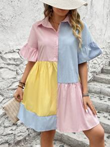 Breezaya Vestido camisa de color de bloque a rayas asimétrico con estilo vacacional, verano, talla grande