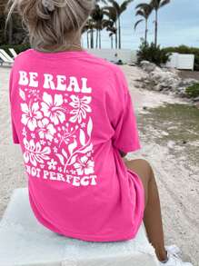 SHEIN EZwear Letter Graphic Oversize Tee For Women - Hot Pink - View 1