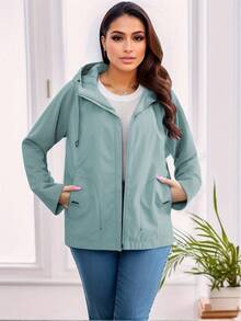 Hooded Jacket With Zipper Closure, Drawstring And Patchwork Fabric - Blue - View 5