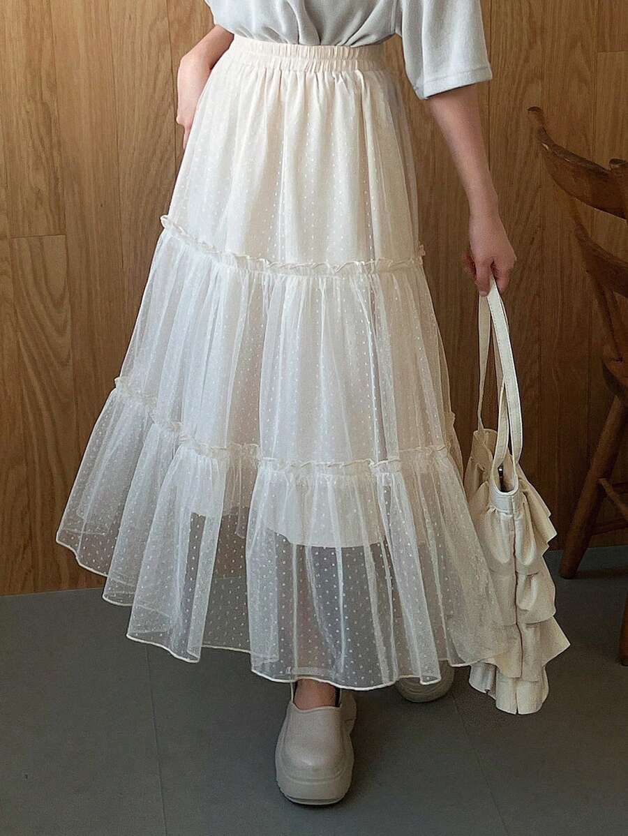 FRIFUL 女性網紗和褶邊中長裙 - 米色 - 查看 1