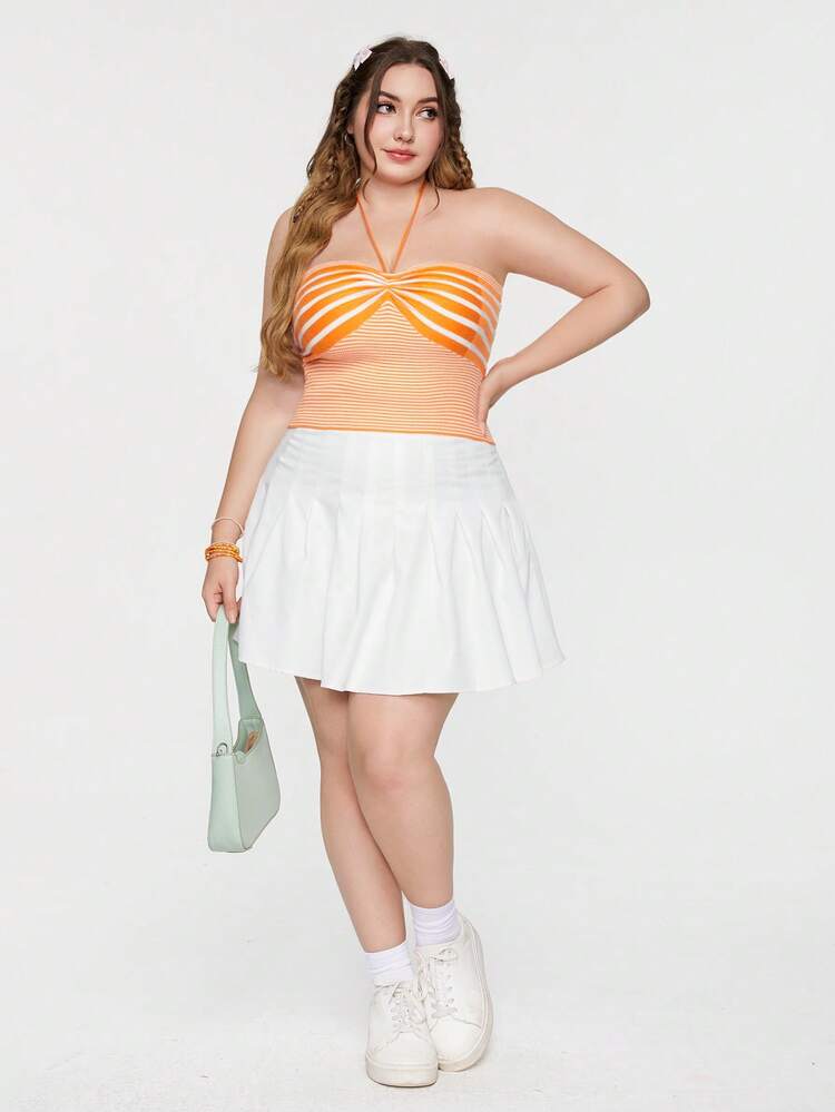 Plus Size Women's Slim Fit Striped Halter Knitted Top