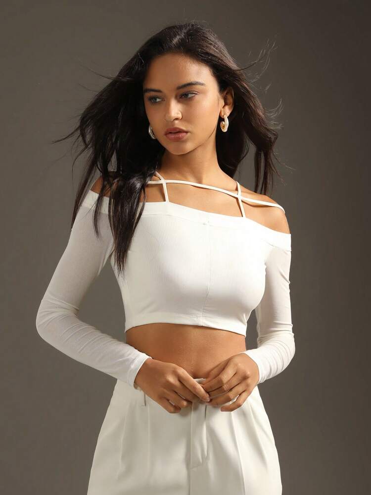 Women Sexy Mesh Open Shoulder Cropped Top Fall Cloth For Women
