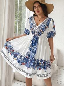 Flirla Đầm Boho in họa tiết cổ chữ V cỡ lớn cho mùa hè, trang phục đi biển dành cho nữ - Xanh và trắng - Xem 7
