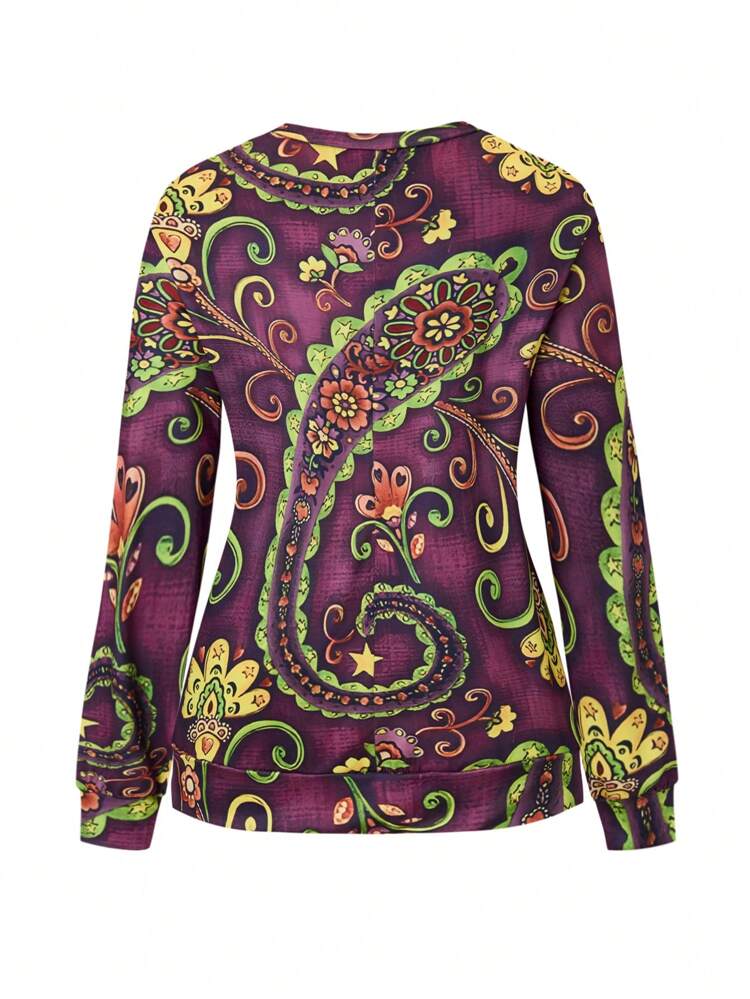 Plus Size Women's Paisley Printed Long Sleeve Sweatshirt Graduation,Back To School Outfits,Graduation,Teacher Outfits For Women,Back To School