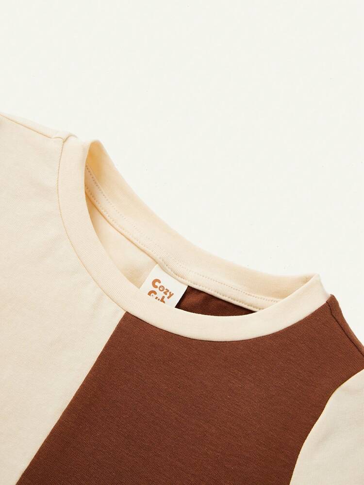 Baby Boy Color Block Decor Embroidery Knitted Soft Casual Round Neck Short Sleeve Pullover Top Two-Piece Set