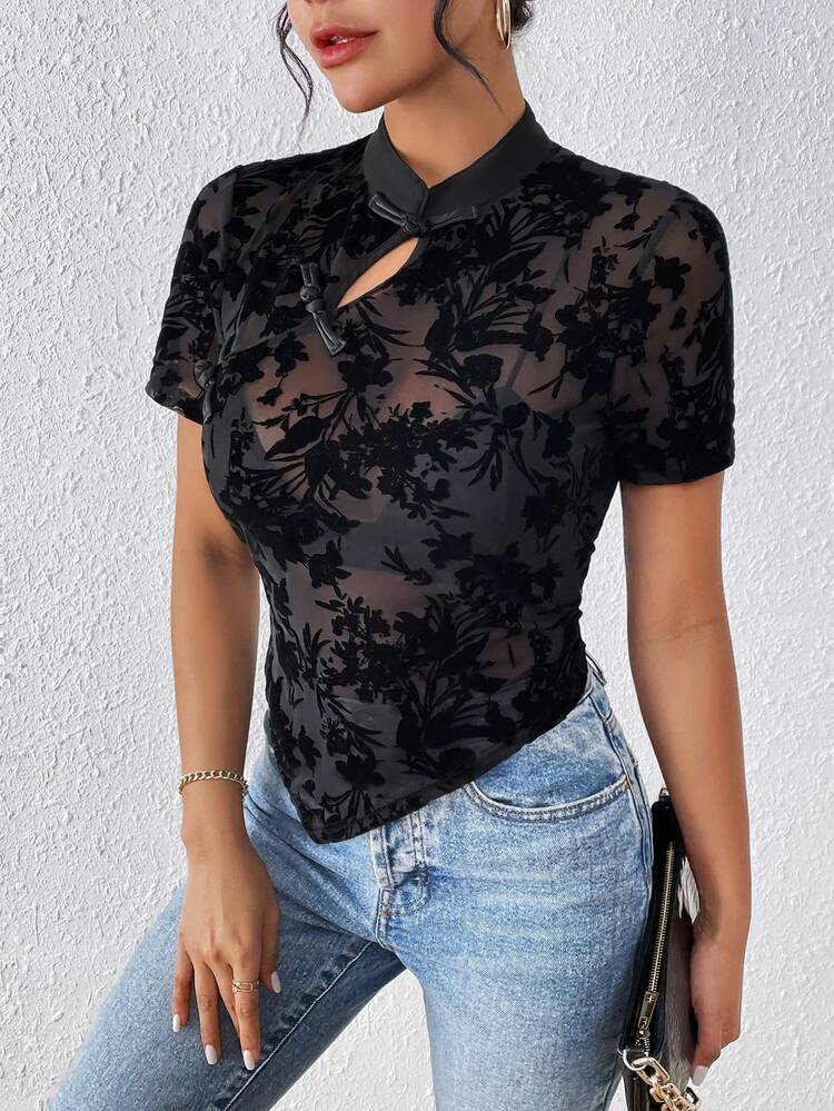 Plant Embroidered Transparent Top With Button Detail