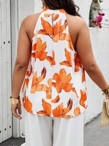 SHEIN Clasi Áo cánh không tay in hoa ngẫu nhiên Boho cỡ lớn, dành cho mùa hè - trái cam - Xem 2