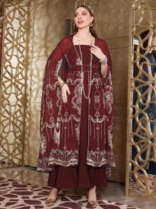 Al Najma Burgundy Red Embroidered Split Sleeve Jacket And Cami Dress 2pcs Set Kaftan Jalabiya Dress - Burgundy - View 4