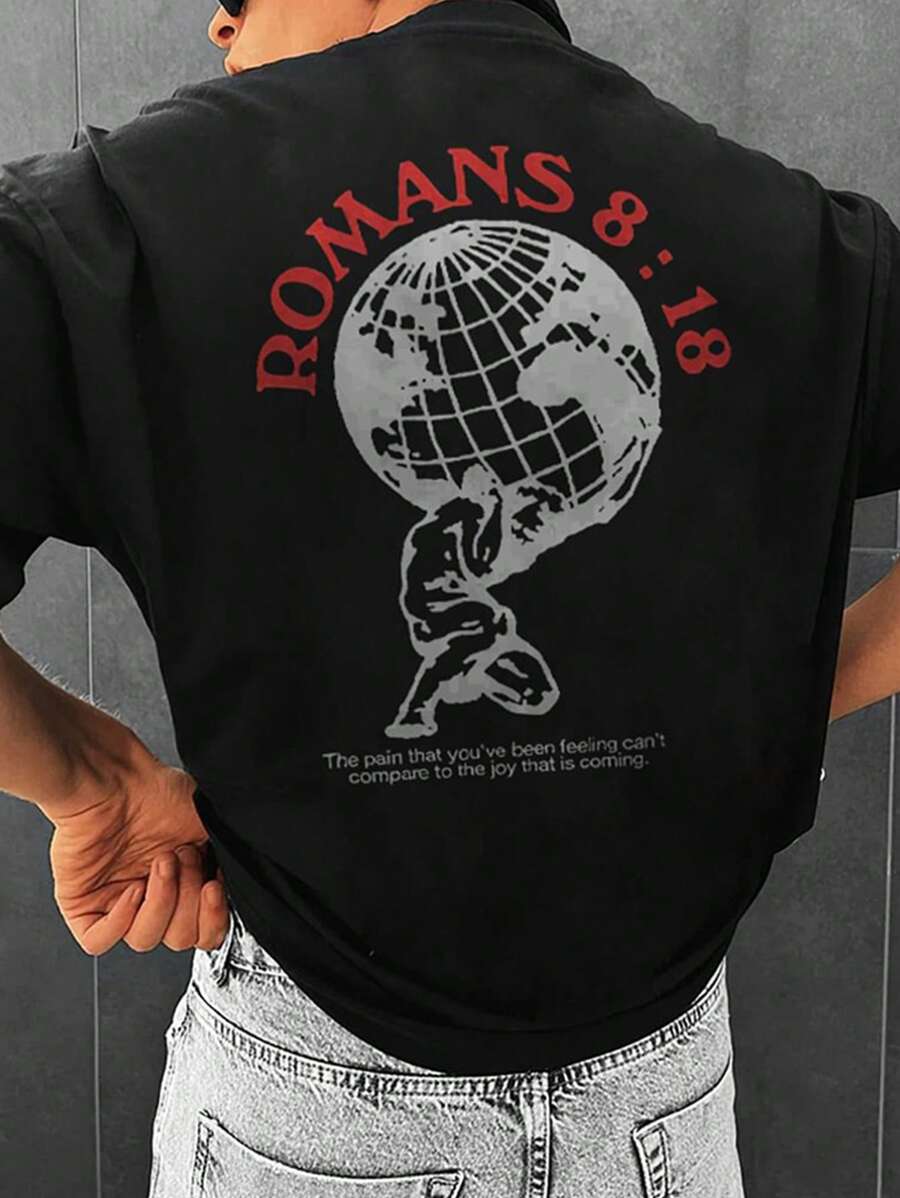 男士休闲标语印花圆领短袖T恤，夏季 - 黑色 - 查看 1