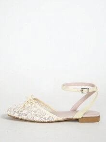 Màu Quả mơ Màu sắc Nút hình bướm Retro Trắng Dây đeo Thoải mái Của phụ nữ Giày phẳng - Màu be - Xem 2