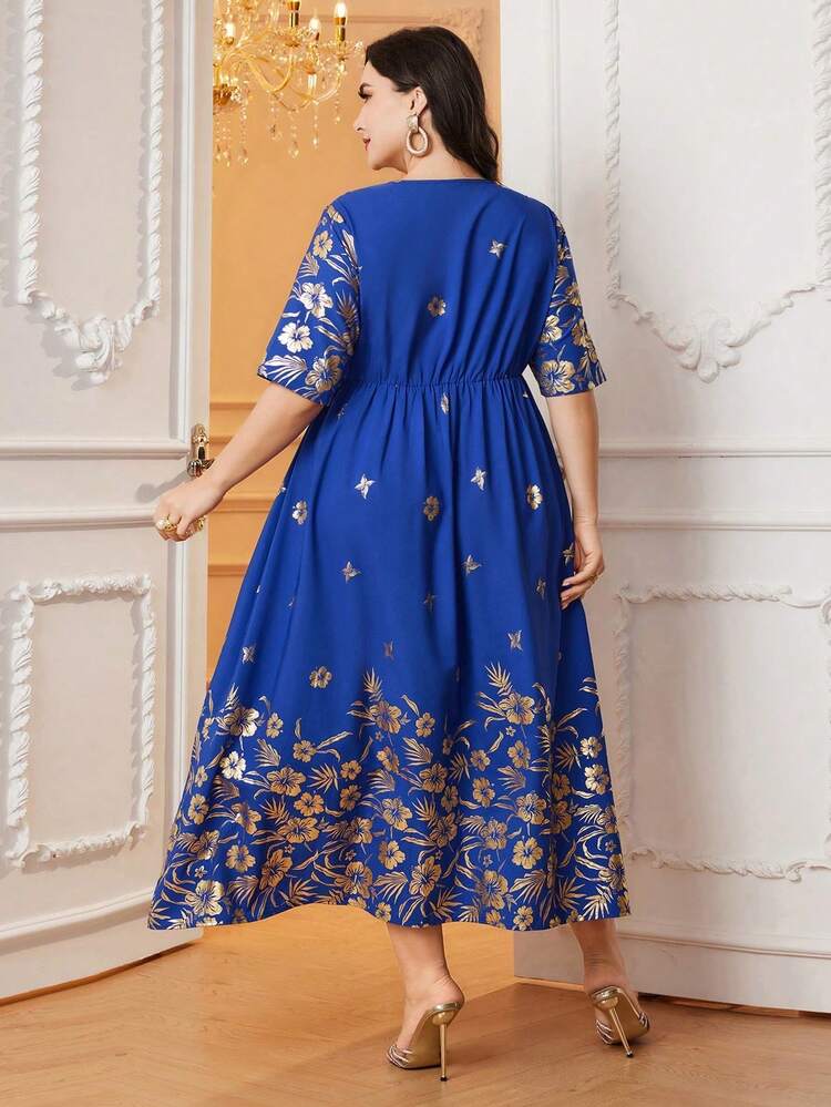Plus Size Golden Floral Printed Short Sleeve Dress