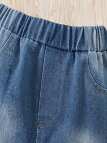 Outfit Primavera/estate Per Bambino 2 Pezzi, Top A Mezza Placket A Bottoni Contrastanti A Maniche Corte E Pantaloncini In Denim Con Elastico In Vita