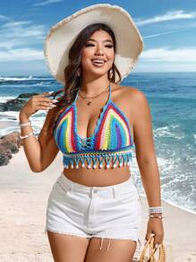 Flirla Camiseta De Tejido De Punto Con Bloques De Rayas De Talla Grande Con Detalles De Conchas, Cuello Halter Y Espalda Abierta - Azul - Ver 6