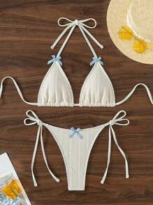 Swim Mod Conjunto de bikini con lazo decorativo de color contrastado con sujetador halter y laterales con lazo, playa de verano