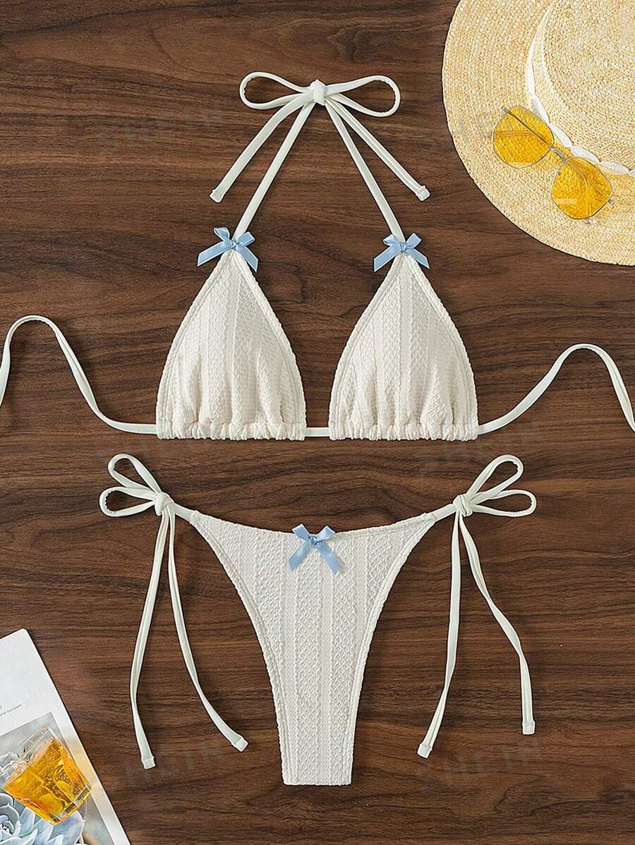 Swim Mod Conjunto de bikini con lazo decorativo de color contrastado con sujetador halter y laterales con lazo, playa de verano