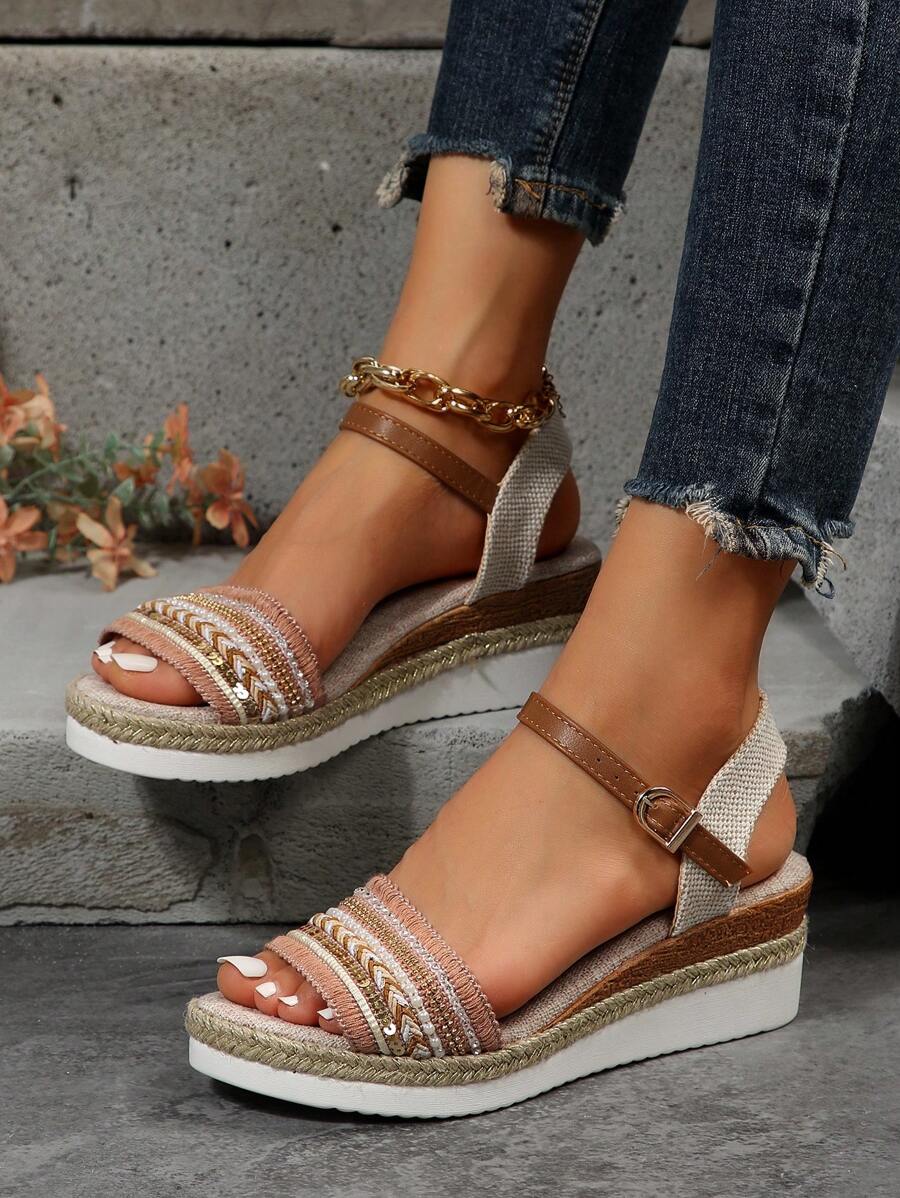 Giày sandal đế xuồng dày phong cách Bohemian dệt giản dị mùa hè cho nữ