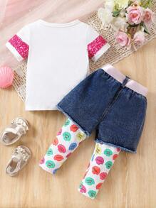 Baby Girl Fashionable Shimmering Letter Print Short Sleeve Top And Color Block Jeans With Distressed Design, Casual And Versatile
