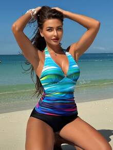 SHEIN Swim 2pcs/Set Gradient Ruched Halter Neck Tankini Set With Solid Triangle Bottom - Multicolor - View 3
