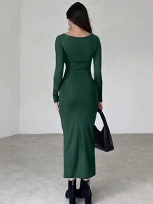 INAWLY Solva 女裝修身褶皺長袖連衣裙 - 墨綠色 - 查看 3