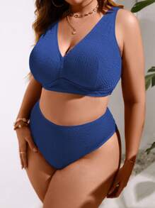 SHEIN Swim Curve Bộ đồ bơi có họa tiết màu trơn dành cho nữ cỡ lớn, Bộ bikini hai mảnh cạp cao Bộ đồ tắm Trang phục đi biển Kỳ nghỉ hè - Màu xanh hải quân - Xem 3